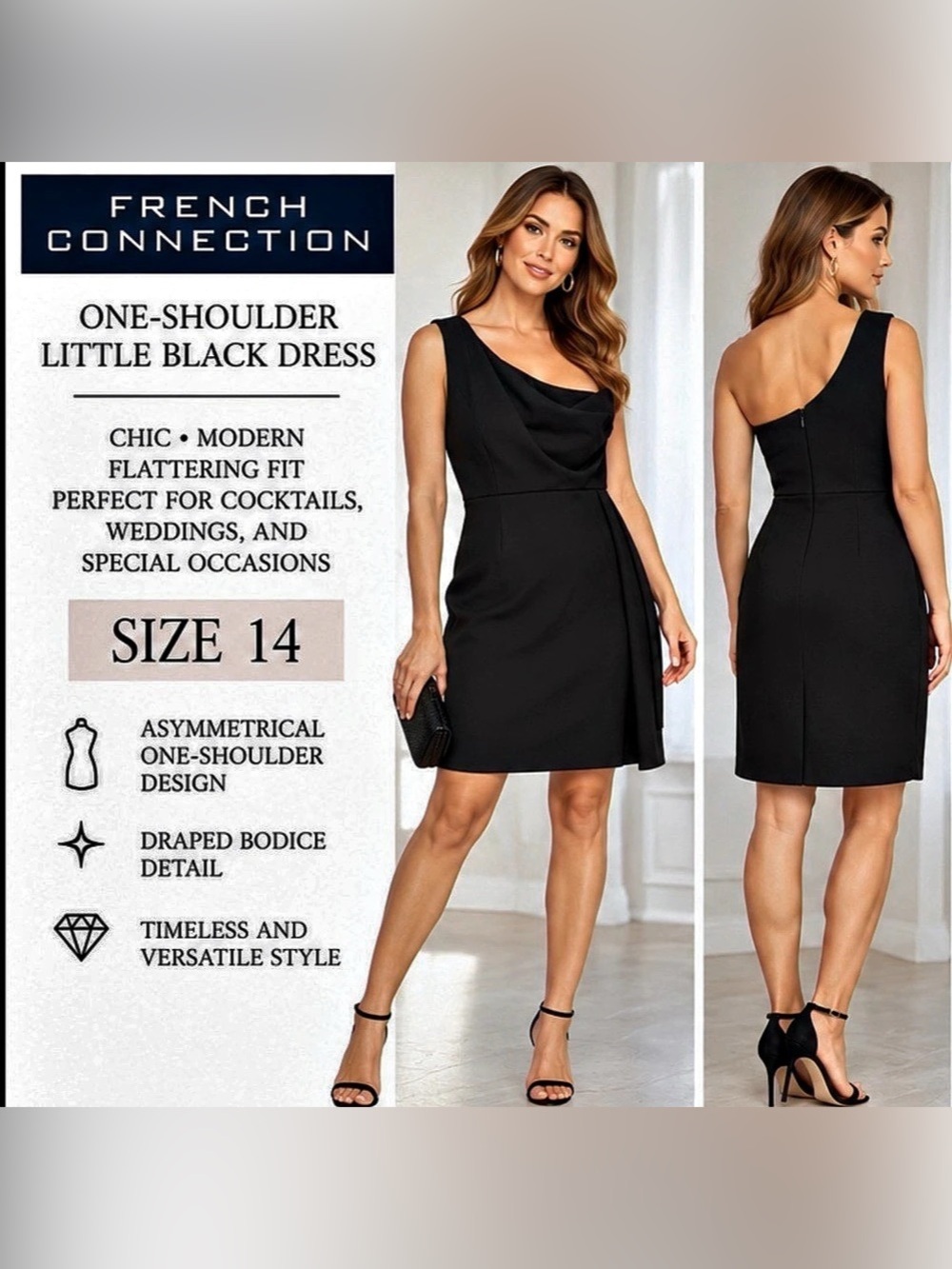 French Connection Black One Shoulder Draped Cocktail Mini Dress Size 14